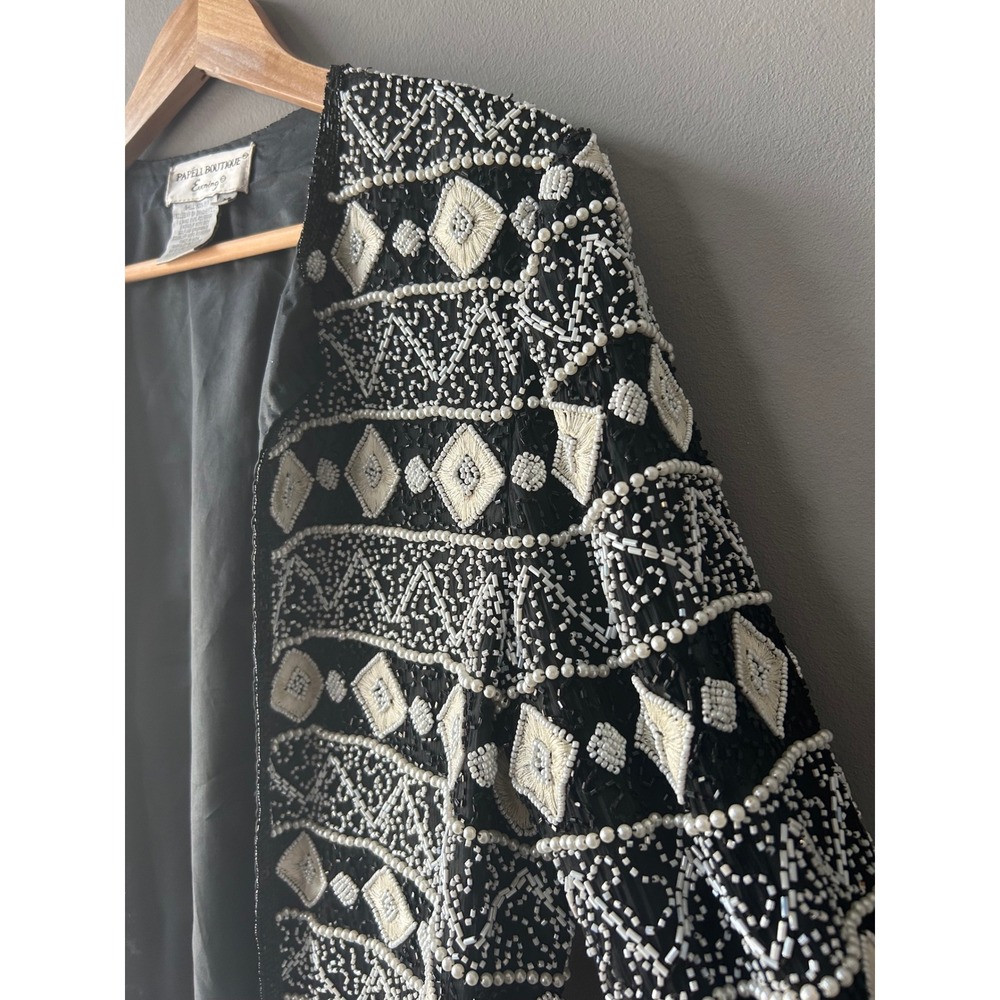 Papell Boutique Evening Vintage Silk Beaded Embroidered Jacket‎ Black White M - Picture 5 of 9